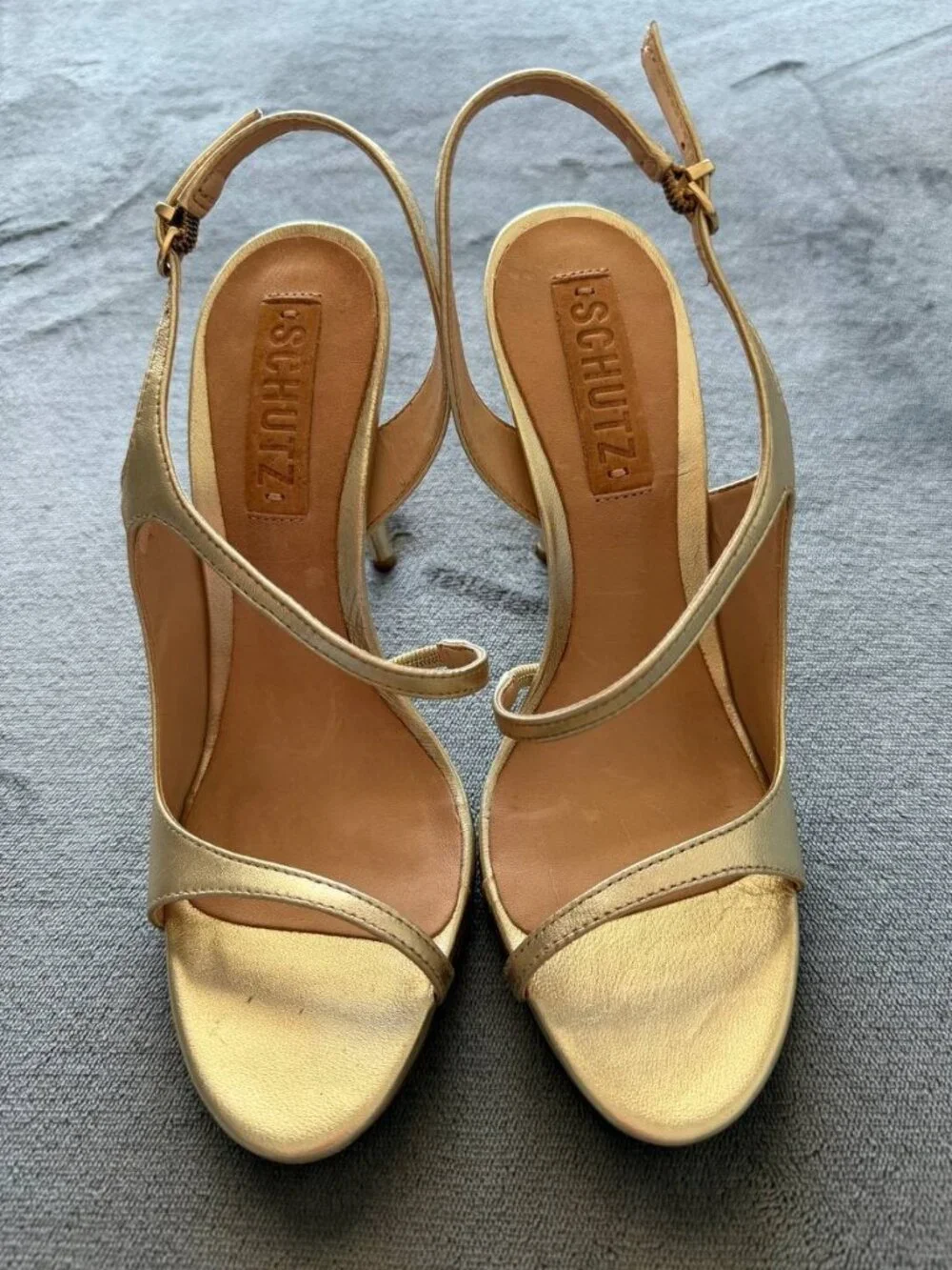 Schutz Women's Gold Sling Metallic 4" Heel Sandal/Shoes size 7B - Picture 1 of 12